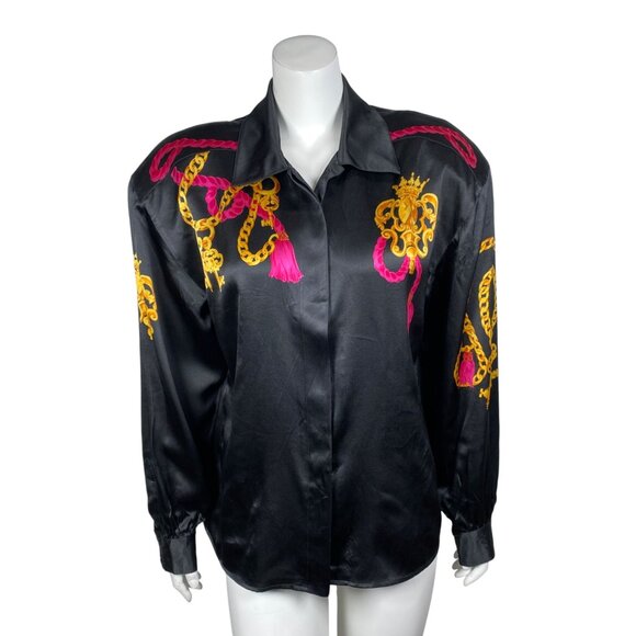 Vintage Carlisle 100% Silk Shirt Size 14 Gold Chain Key Print Button Up - Picture 1 of 5